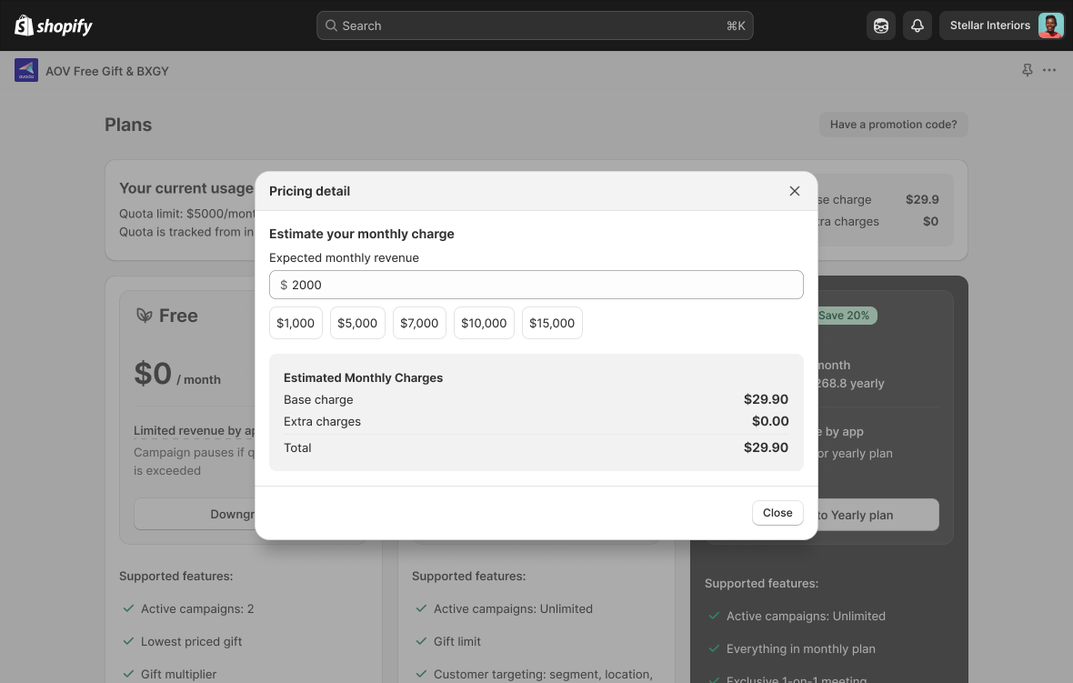 Estimate tool inside the app with a revenue input field calculating the projected monthly bill