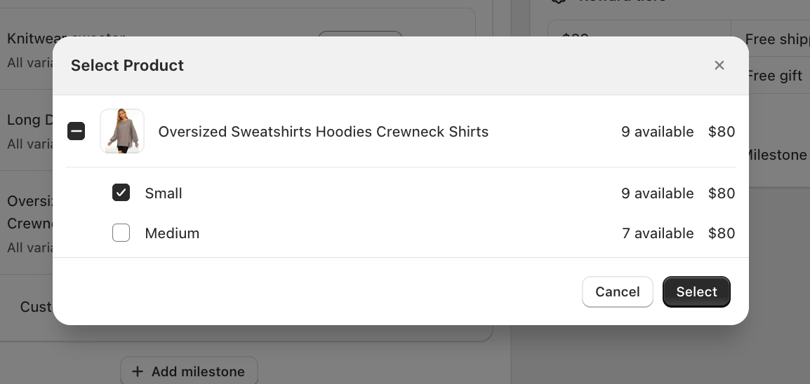 Select Product dialog opened from the pencil icon, with variant checkboxes (Small, Medium) showing available stock and price