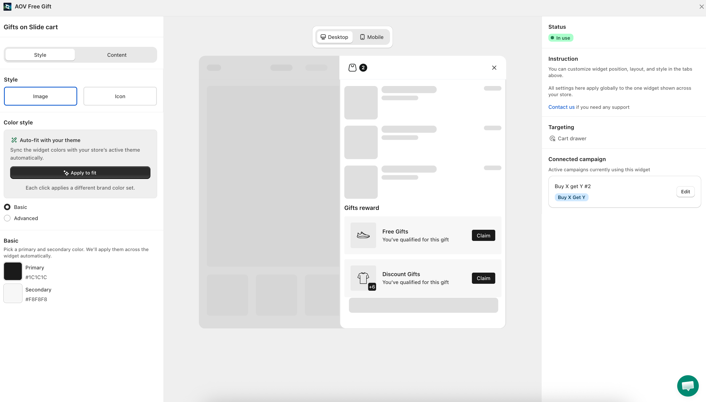 Gifts on Slide Cart widget editor